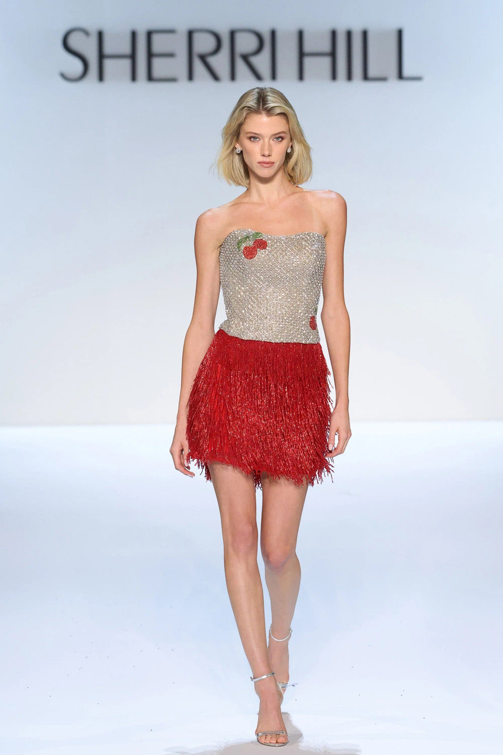 Sherri Hill 67305 silver red full length front view showing beaded bodice cherry applique and tiered red fringe skirt