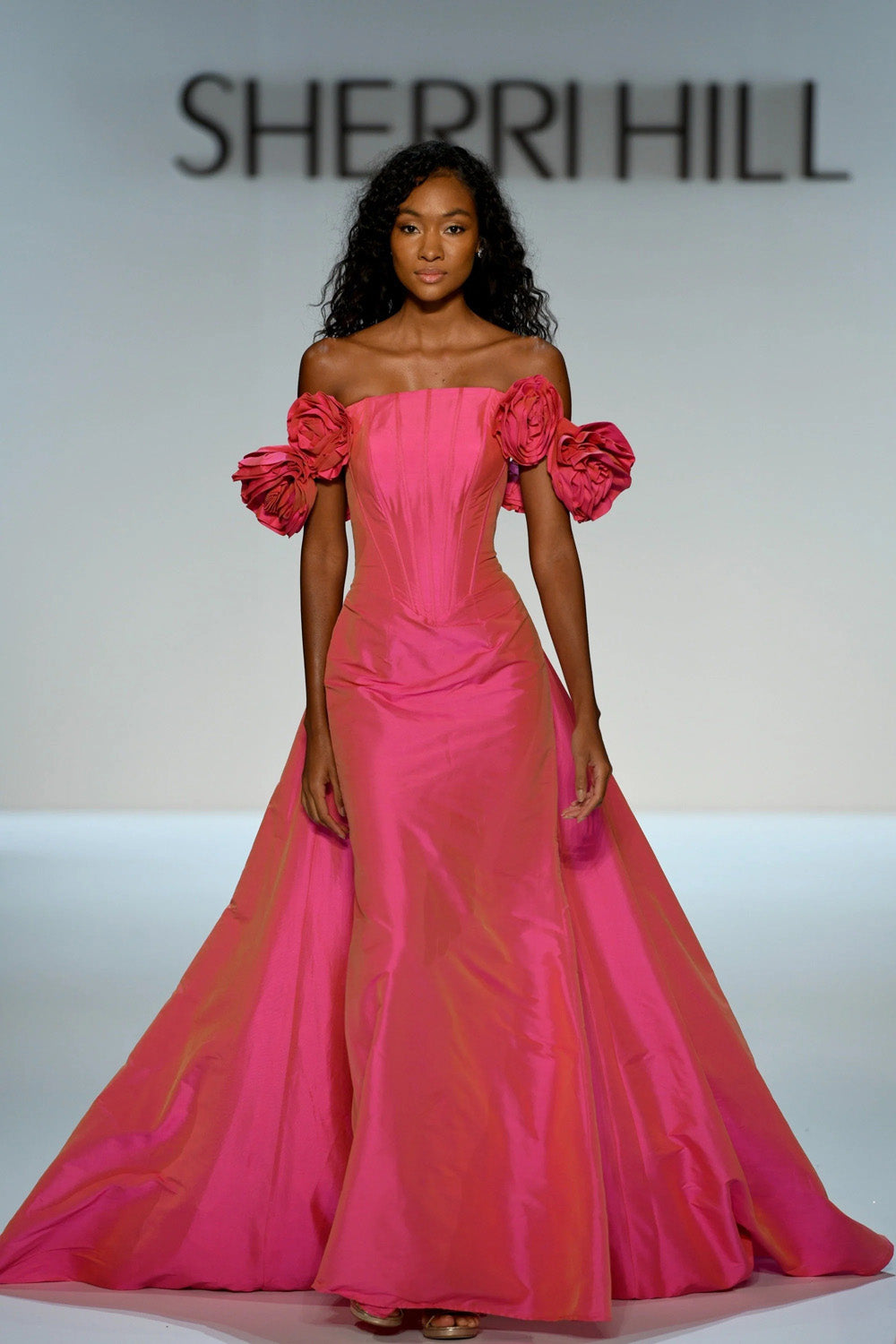Sherri Hill 67309 bright fuchsia taffeta off shoulder ballgown with rose sleeves and sweeping A-line skirt full length