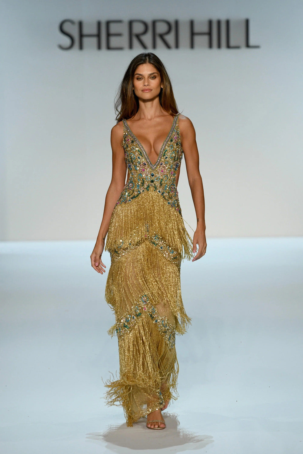 Sherri Hill 67333 nude gold multi tiered fringe gown beaded V neck full length front view clear light