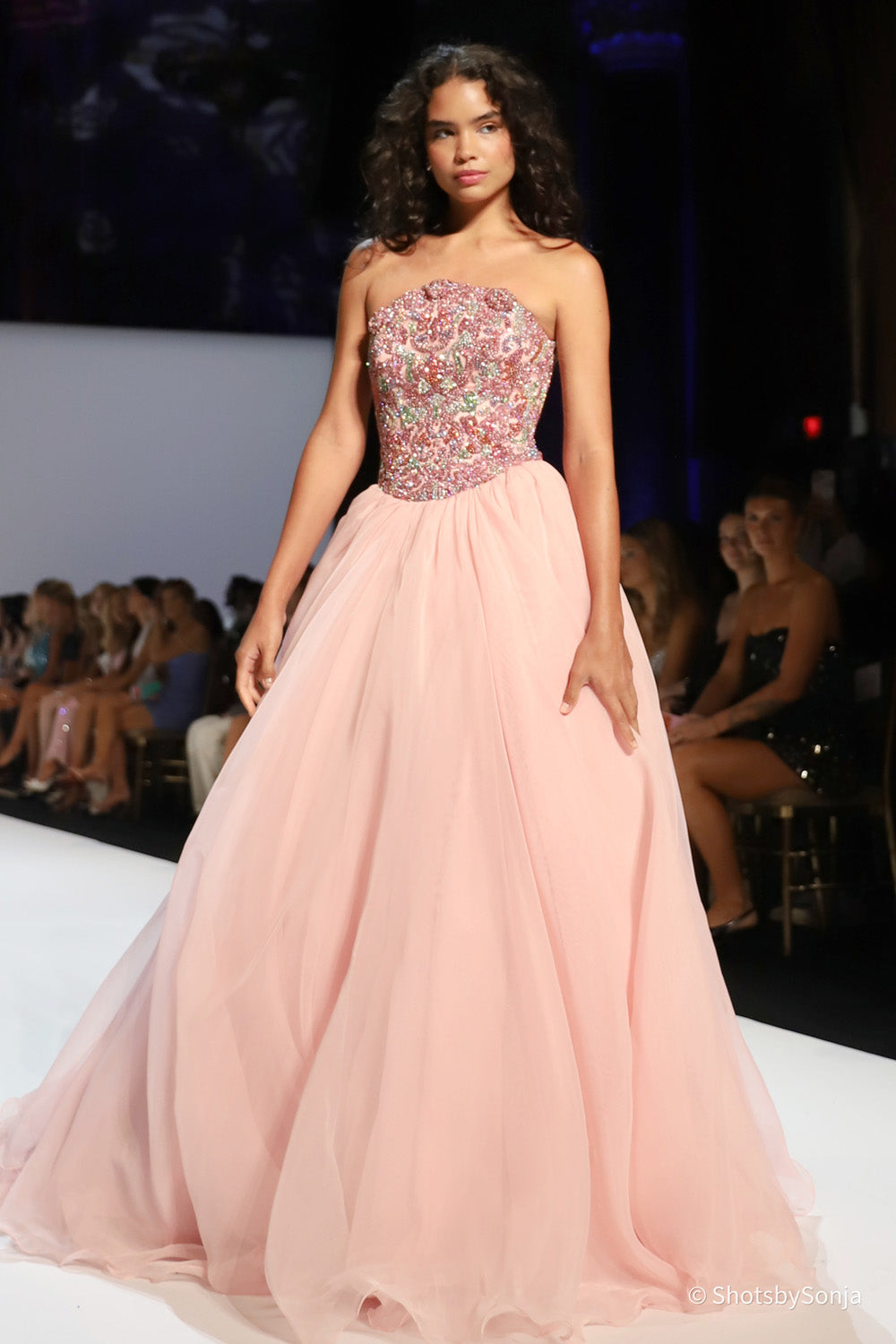 Sherri Hill 67338 light pink multi strapless ball gown with embellished scroll bodice and flowing chiffon skirt mid runway