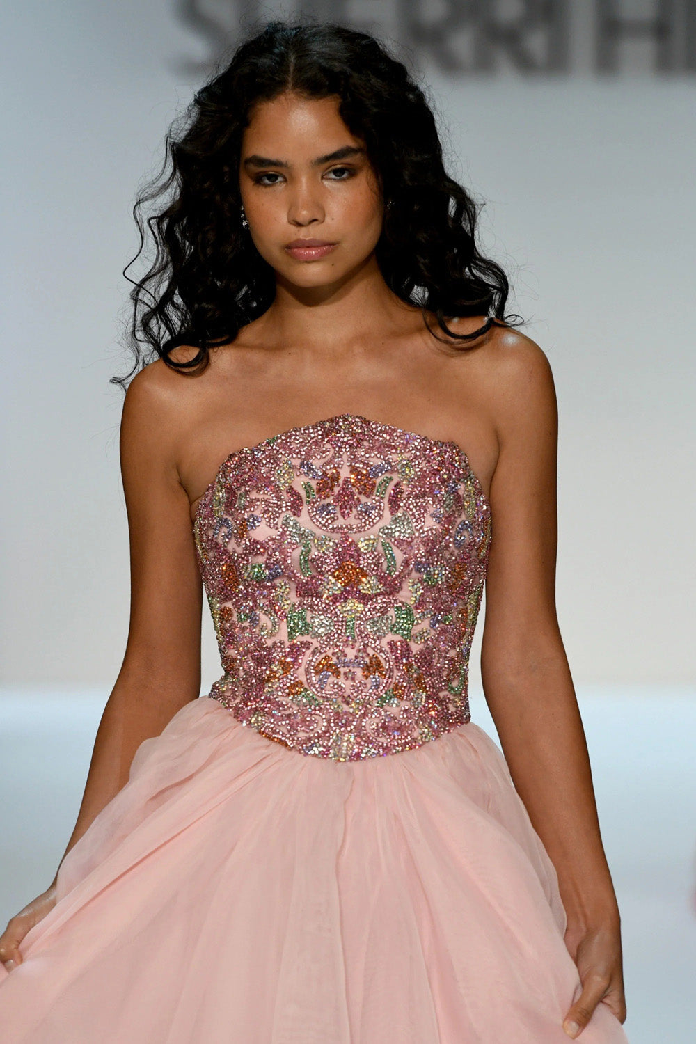 Sherri Hill 67338 light pink multi close up of heavily beaded sweetheart bodice with floral and scroll embellishment detail