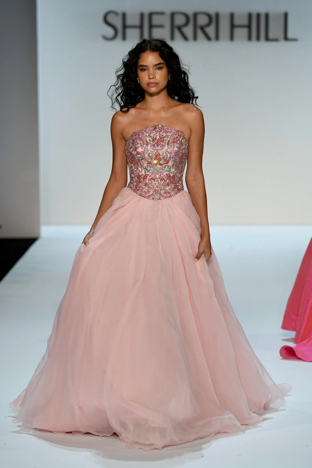 Sherri Hill 67338 light pink multi full length view of embellished strapless bodice and voluminous blush chiffon ball gown skirt