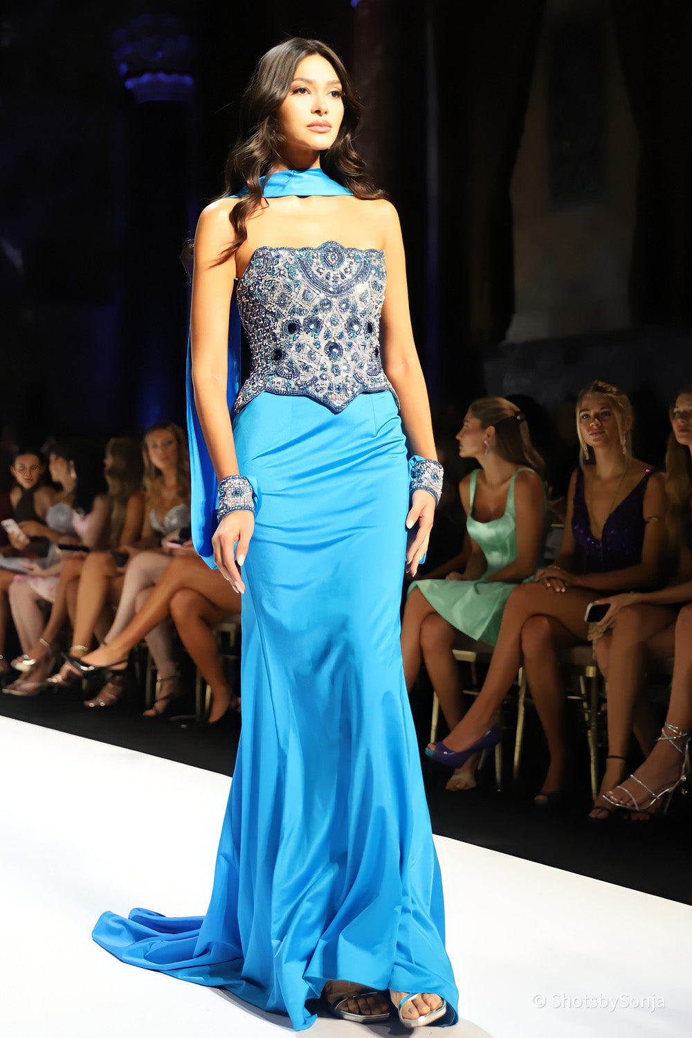 Sherri Hill 67347 peacock multi strapless beaded bodice mermaid gown with halter tie and full length blue skirt