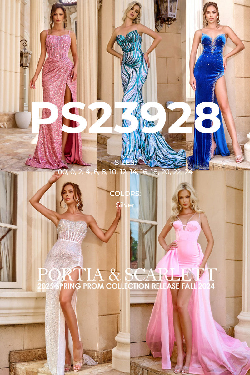 Portia and Scarlett PS23928 prom dress images.  Portia and Scarlett PS23928 is available in these colors: Silver.
