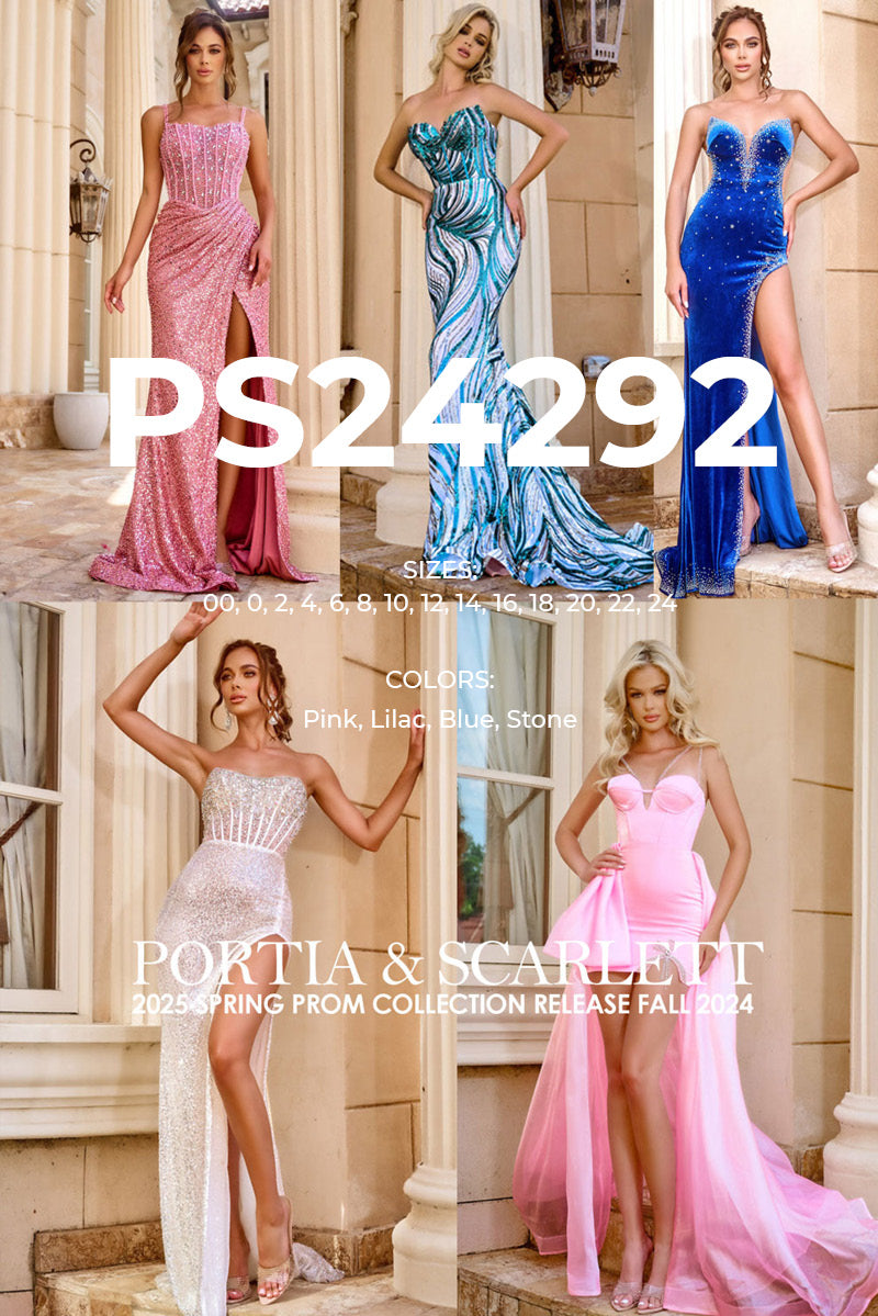 Portia and Scarlett PS24292 prom dress images.  Portia and Scarlett PS24292 is available in these colors: Pink, Lilac, Blue, Stone.
