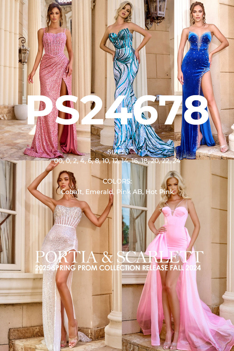 Portia and Scarlett PS24678 prom dress images.  Portia and Scarlett PS24678 is available in these colors: Cobalt, Emerald, Pink AB, Hot Pink.