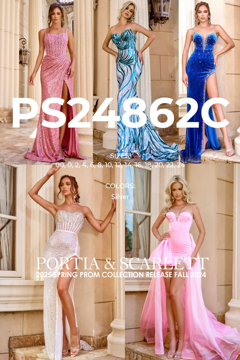 Portia and Scarlett PS24862C prom dress images.  Portia and Scarlett PS24862C is available in these colors: Silver.