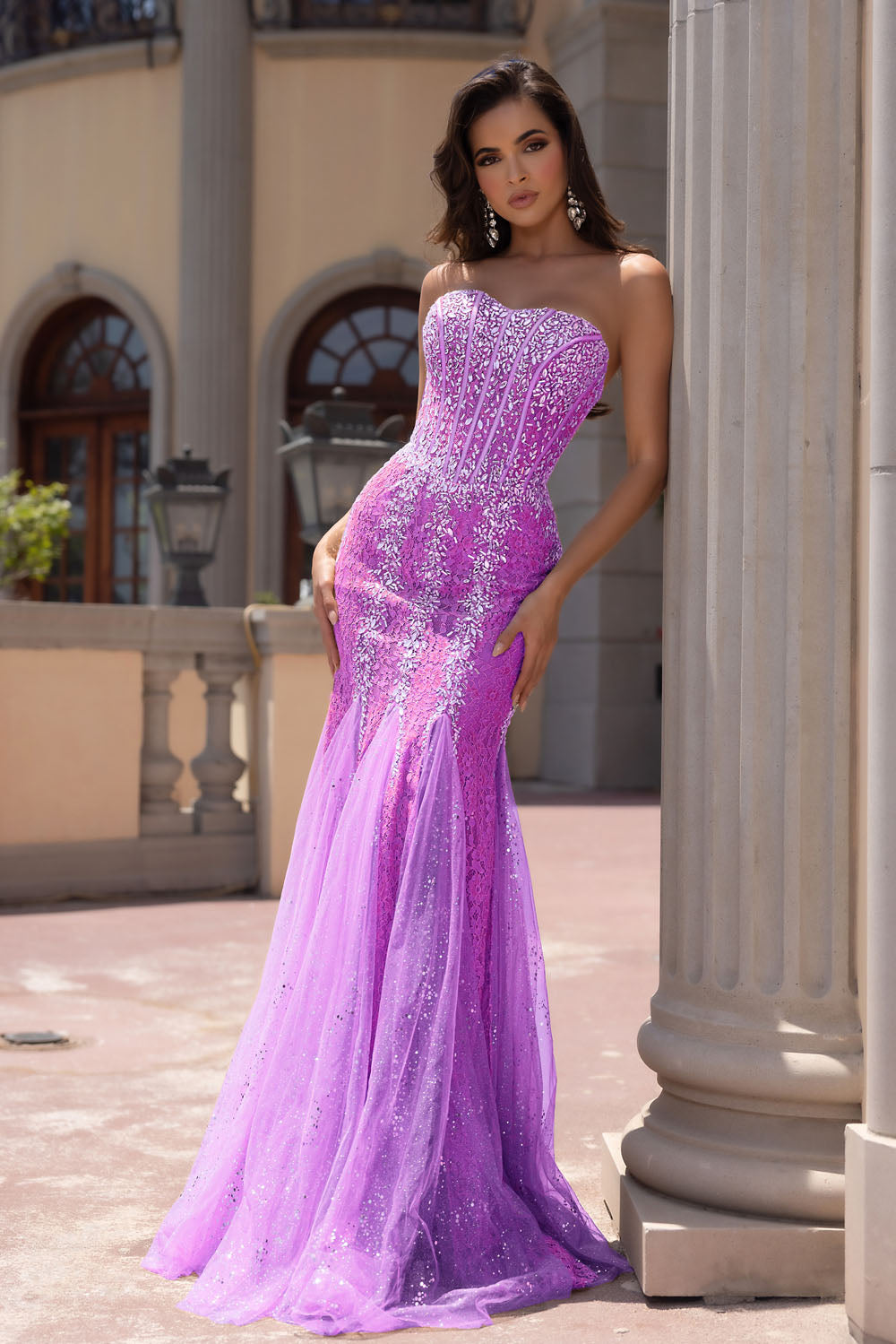 Portia and Scarlett PS25169 prom dress images.  Portia and Scarlett PS25169 is available in these colors: Emerald, Black, Lilac, Pink, Cobalt.