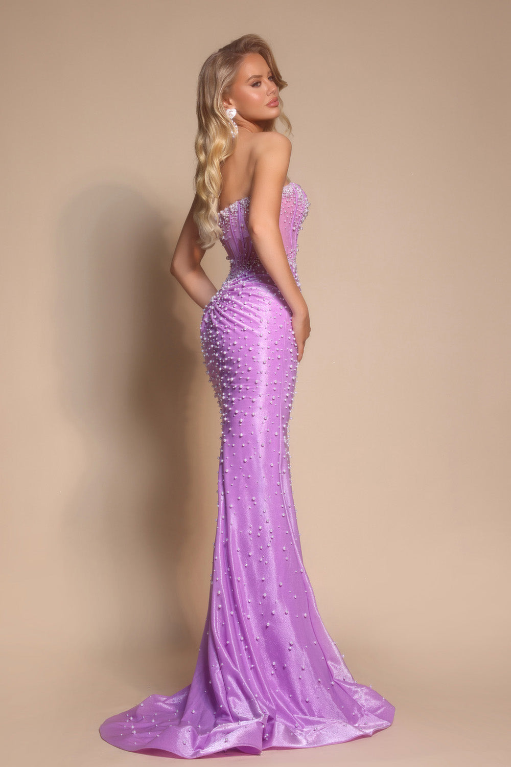 Portia and Scarlett PS26002 Lilac mermaid prom dress with beading, featuring a stunning back view.