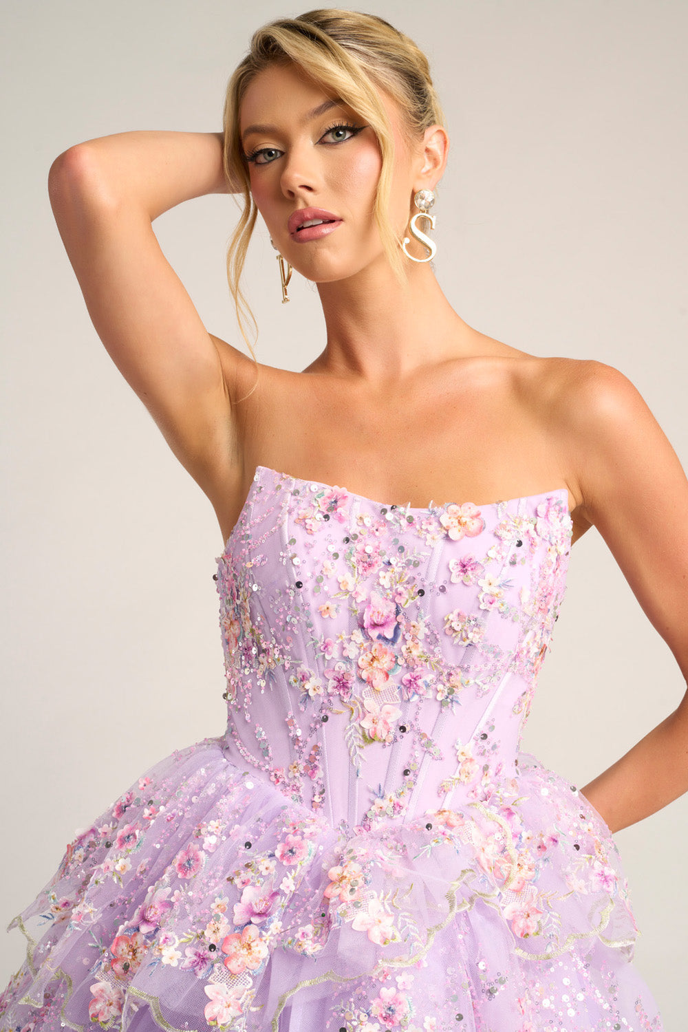 Portia and Scarlett PS26051 Lilac prom dress with floral beading and a fitted bodice, featuring a layered skirt.