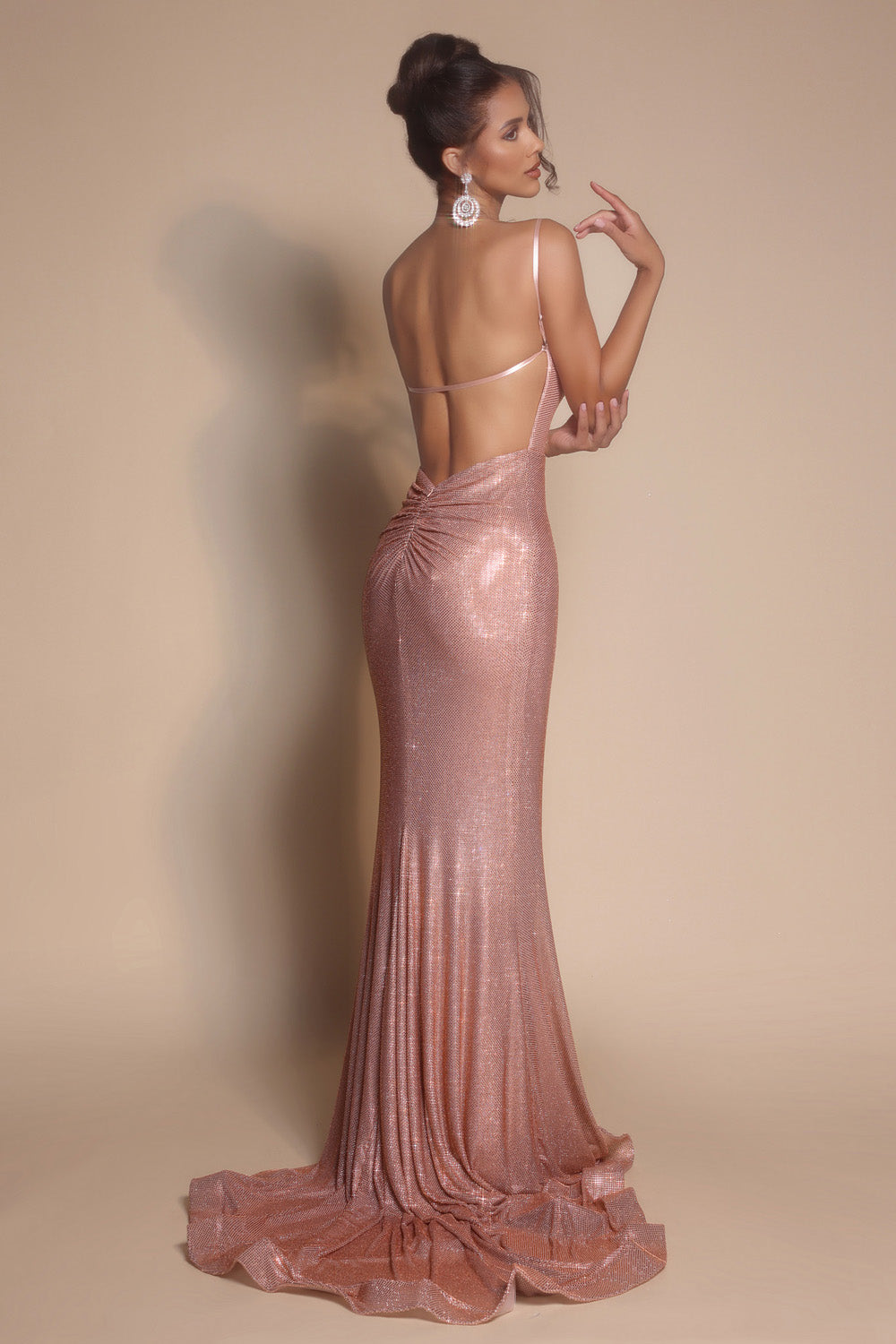 Portia and Scarlett PS26068 Bronze mermaid prom dress with a stunning lace-up back and elegant train.
