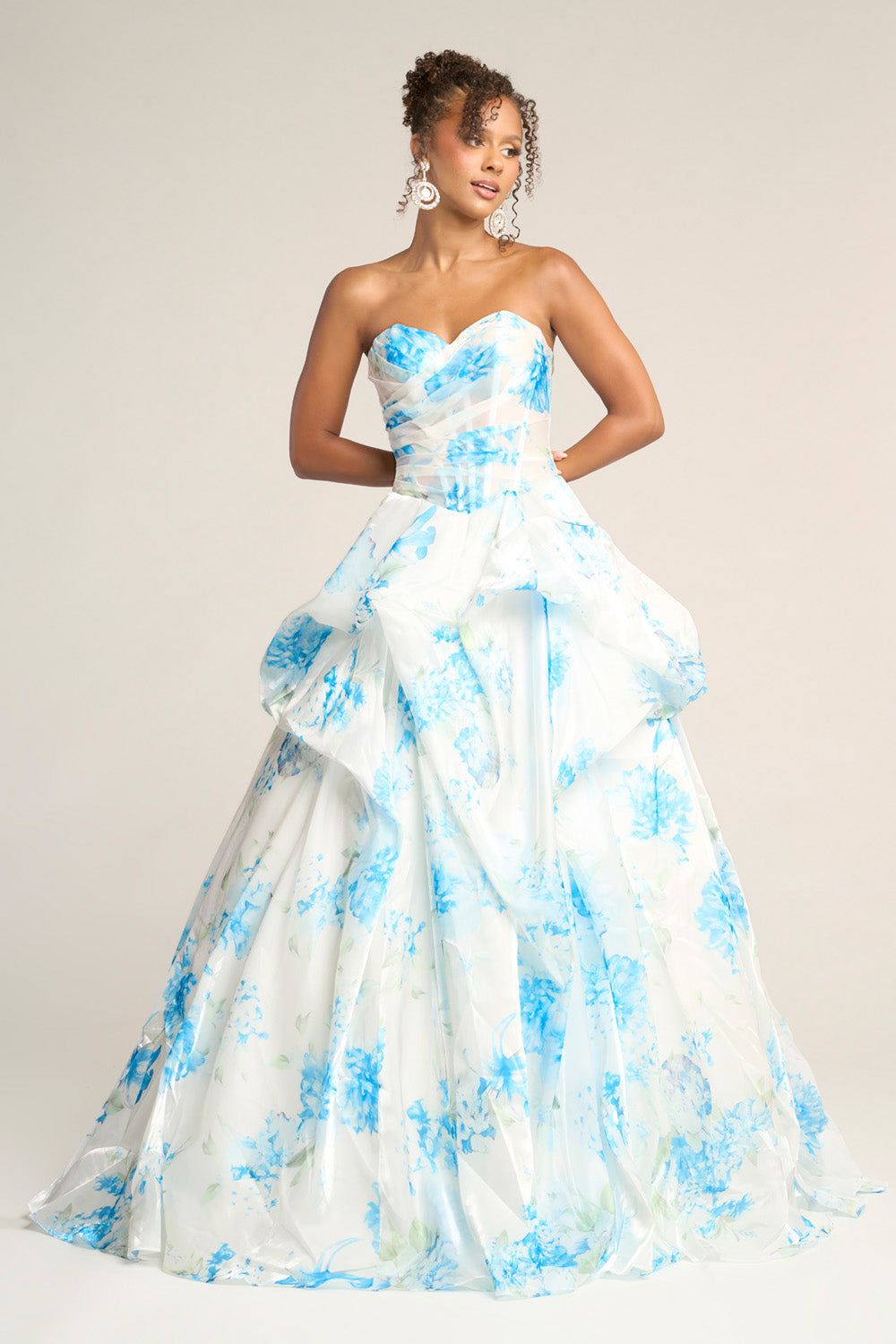 Portia and Scarlett PS26083 Strapless white and soft blue prom dress with a layered skirt and side slit.