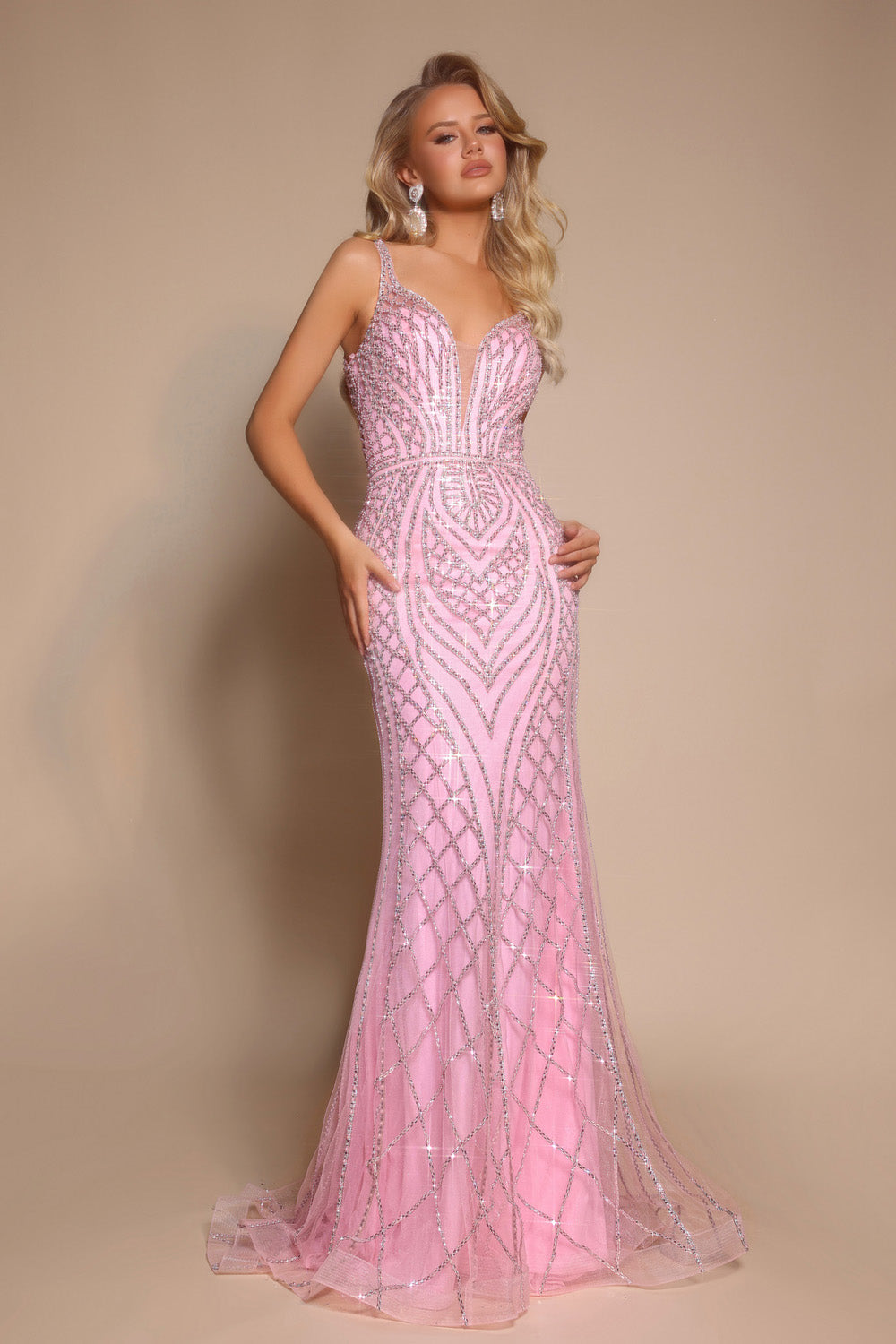 Portia and Scarlett PS26089 Pink mermaid prom dress with intricate beading and a plunging neckline.