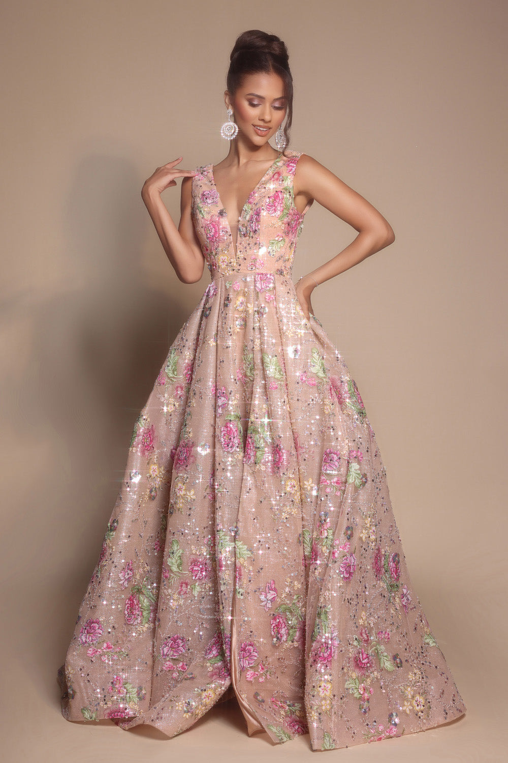 Portia and Scarlett PS26091 Nude prom dress with floral embellishments and a deep V-neckline, A-line silhouette.
