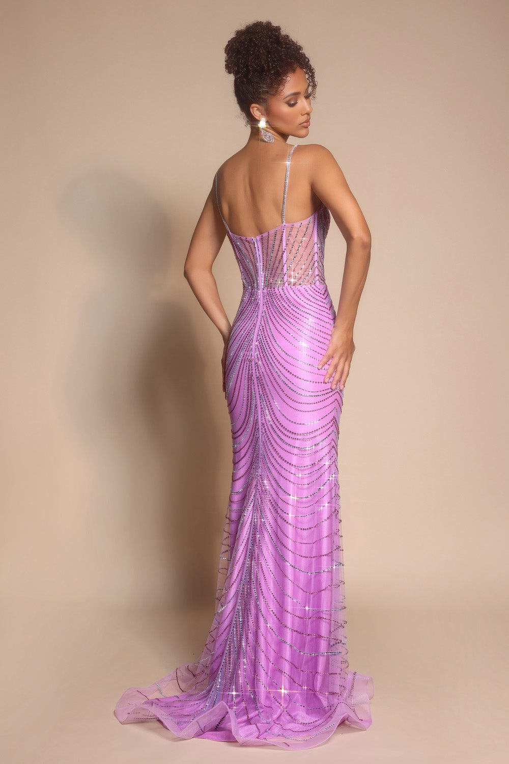 Portia and Scarlett PS26095 Lilac mermaid prom dress with sparkling beading, featuring a back view.