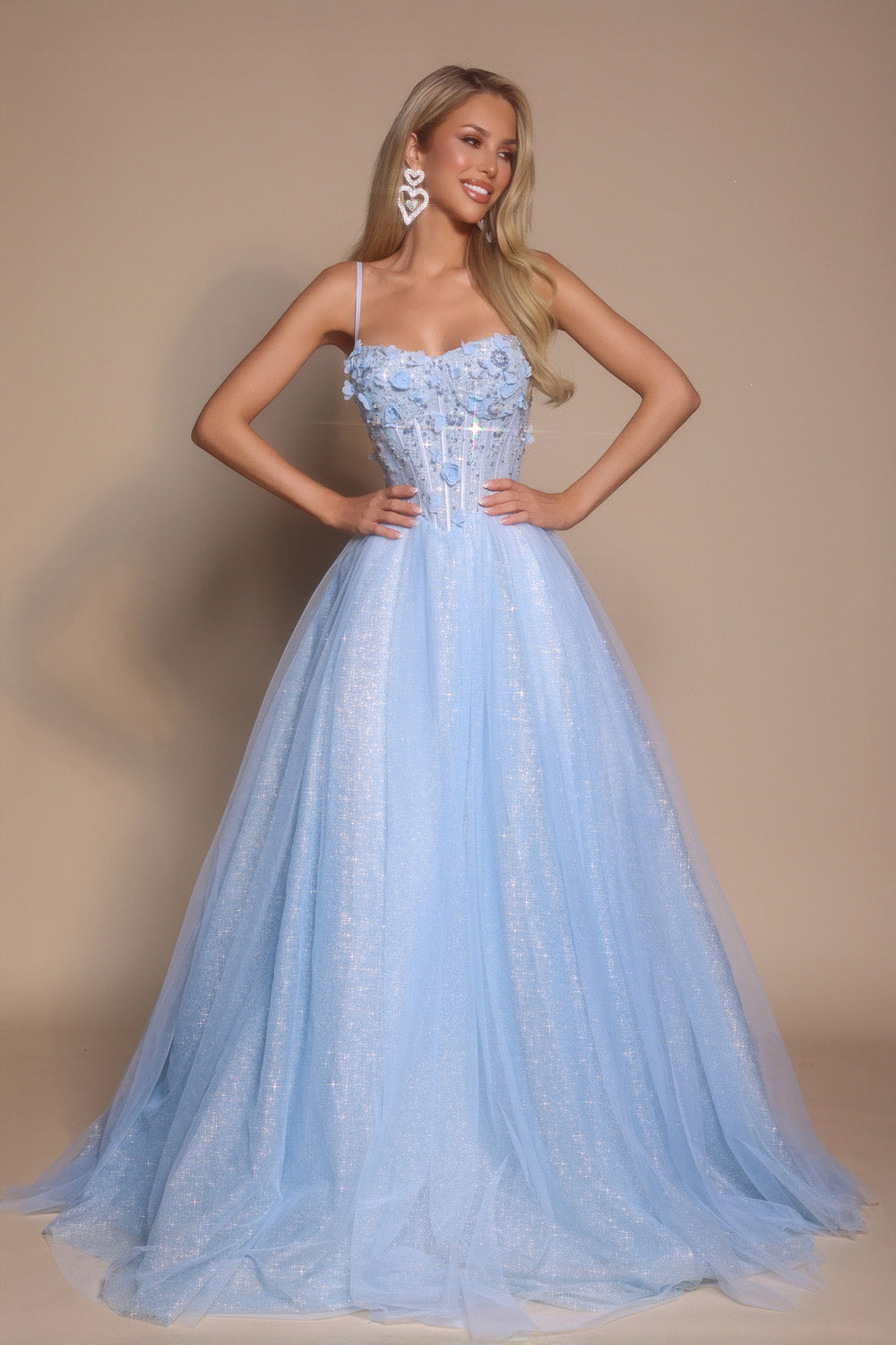 Portia and Scarlett PS26146 Light blue ballgown prom dress with floral embellishments and corset bodice.