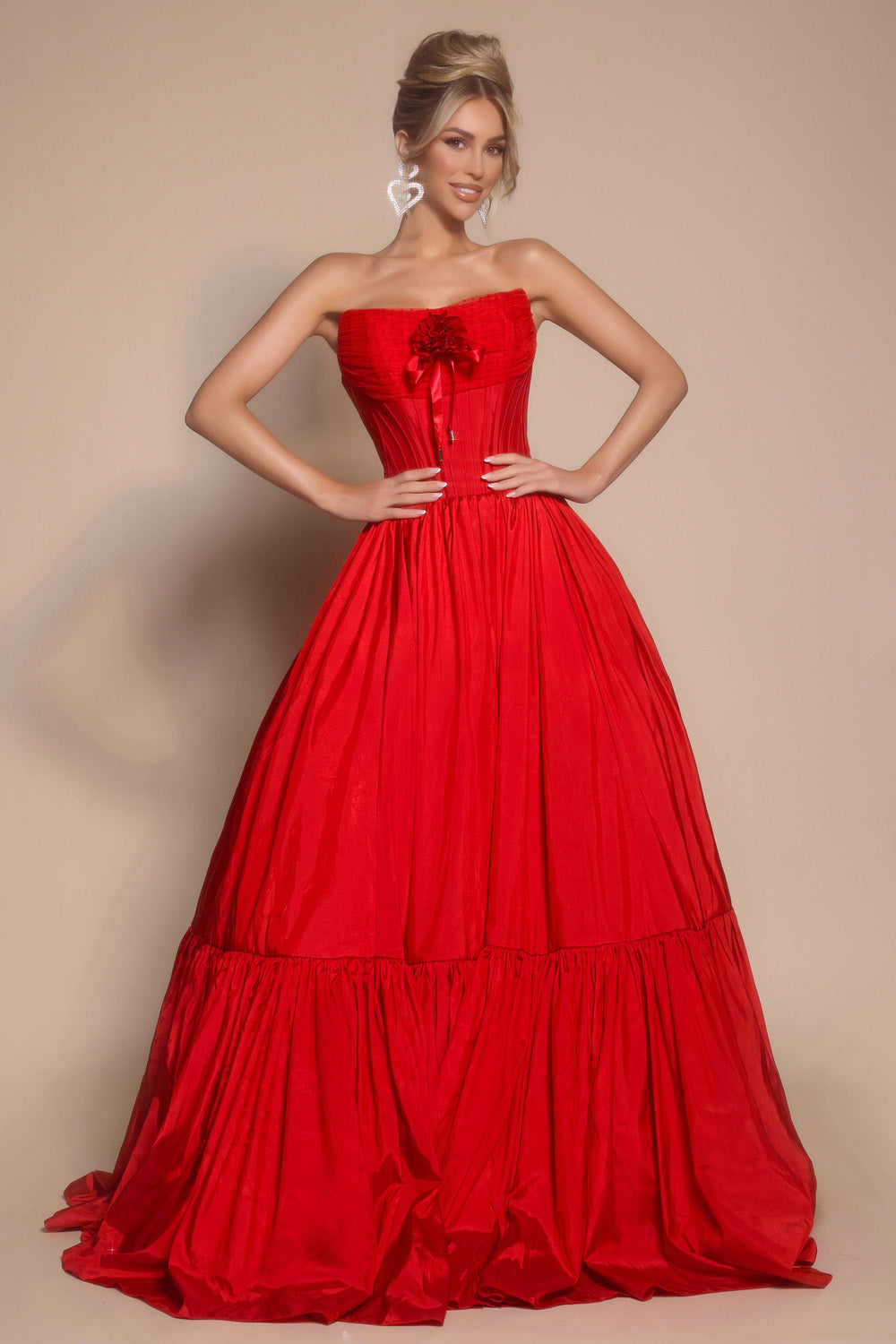 Portia and Scarlett PS26148 Red ballgown prom dress with a corset bodice and strapless design.