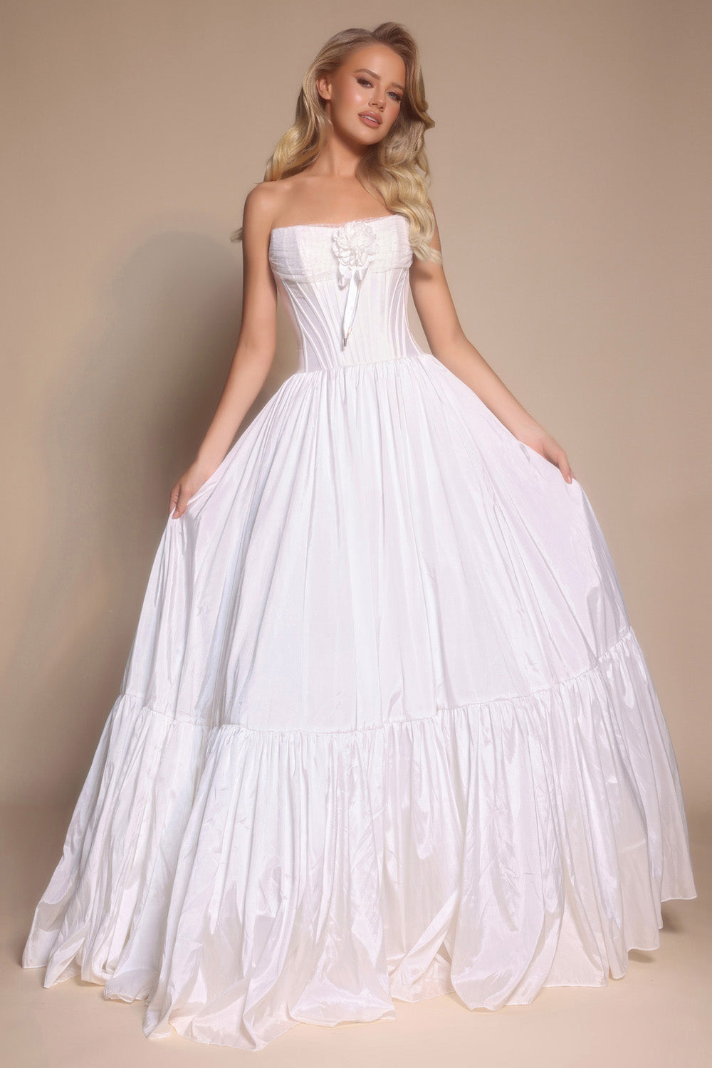 Portia and Scarlett PS26148 Strapless white ballgown with a corset bodice and flowing skirt, perfect for prom prom dress.