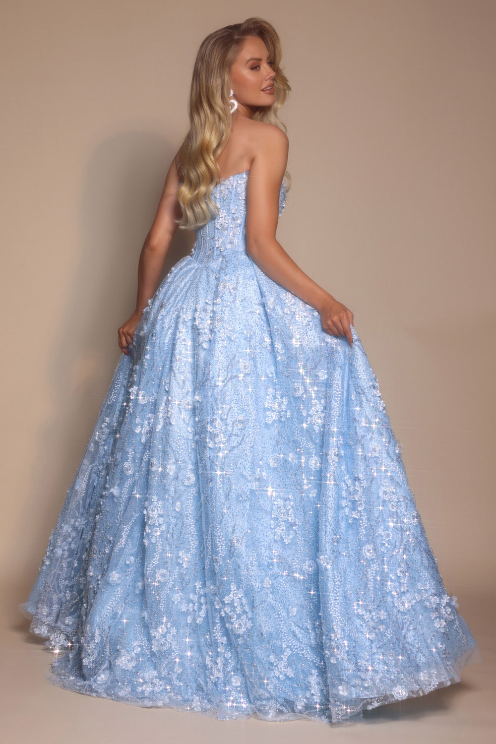 Portia and Scarlett PS26149 Blue ballgown prom dress with intricate beading, featuring a stunning back view.