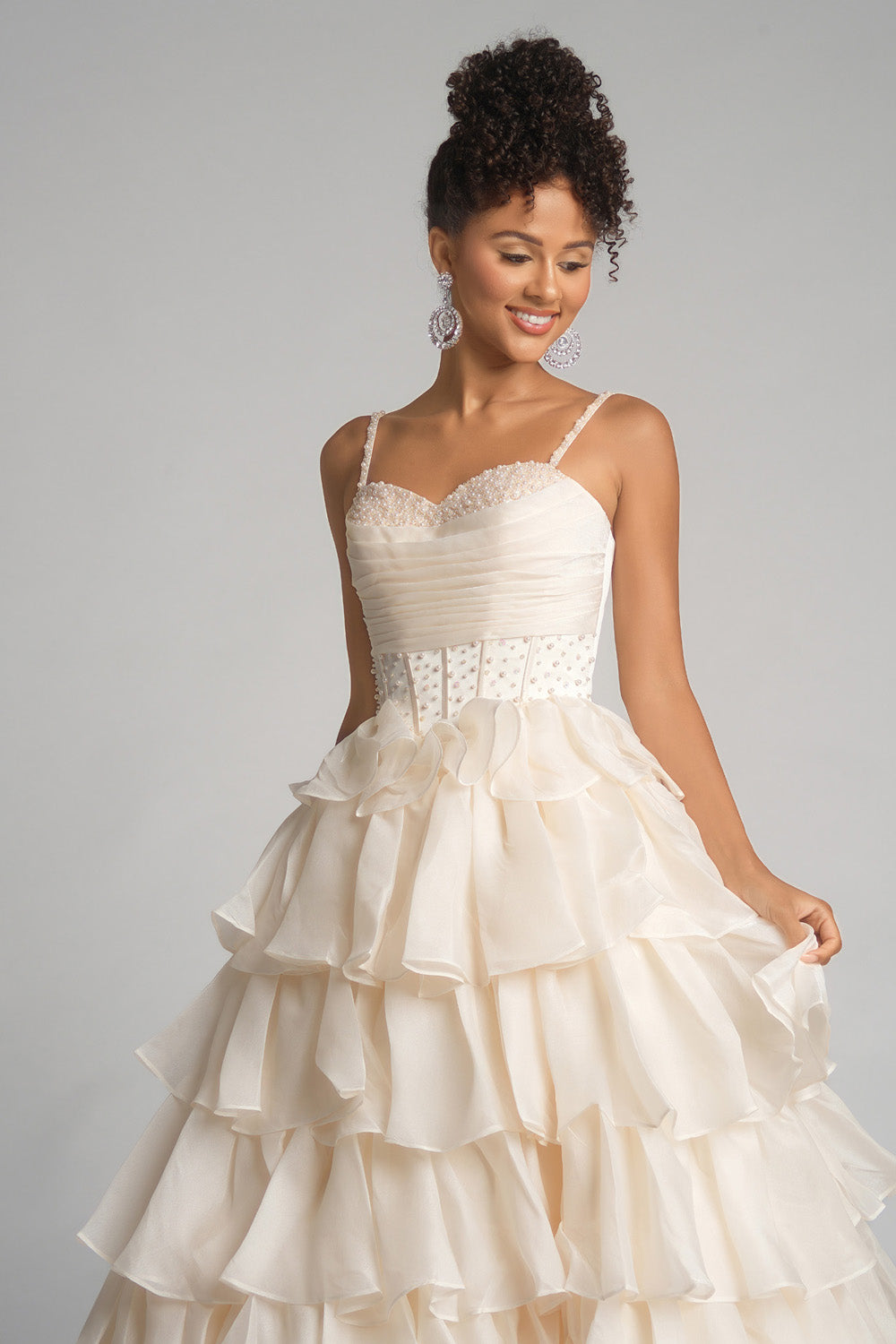 Portia and Scarlett PS26155 Cream prom dress with ruffled layers and beaded sweetheart neckline.
