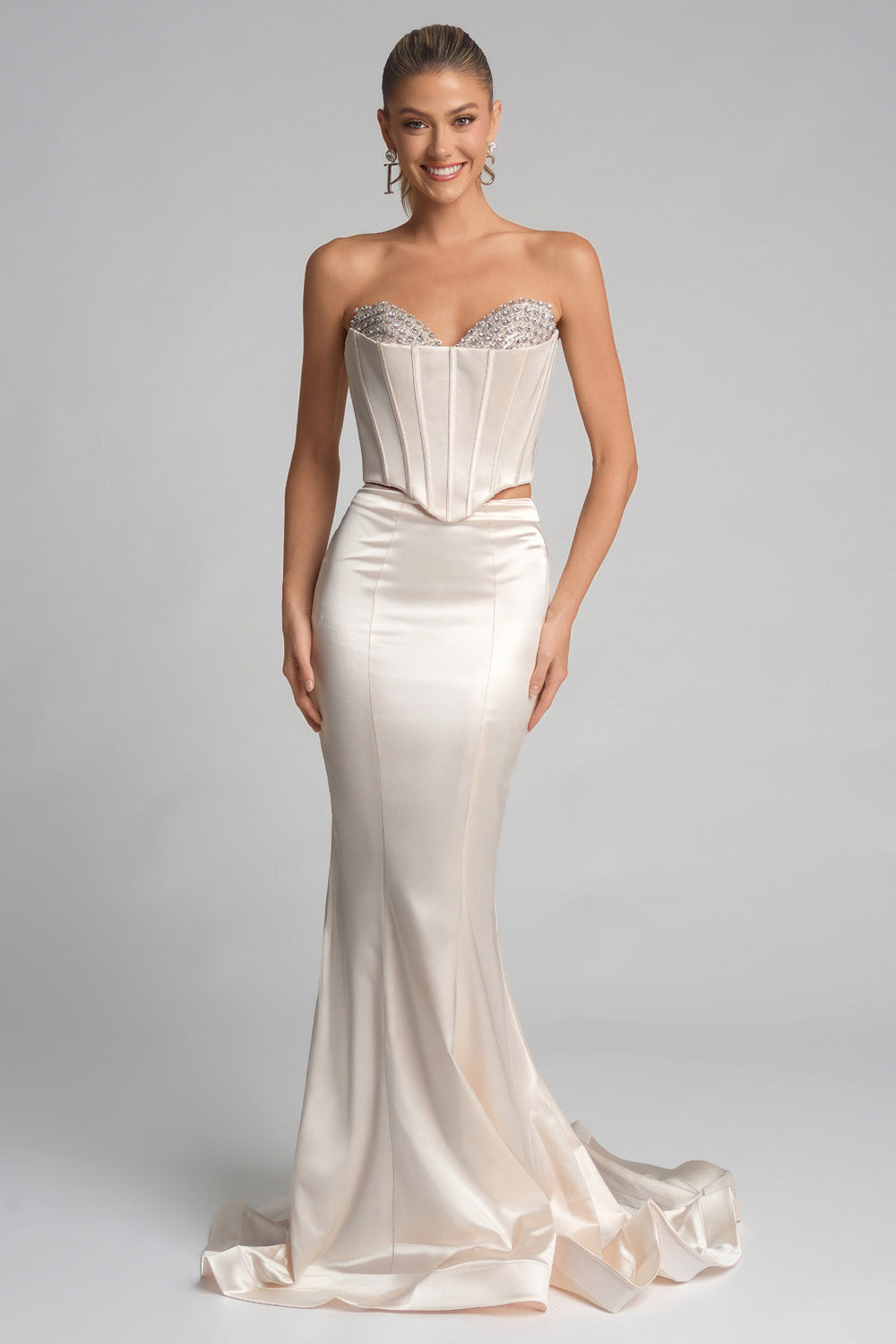 Portia and Scarlett PS26170 Cream ivory mermaid prom dress with beaded sweetheart neckline and fitted silhouette.