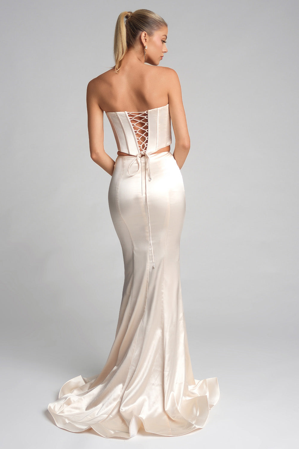 Portia and Scarlett PS26170 Cream ivory mermaid prom dress with lace-up back and elegant train.