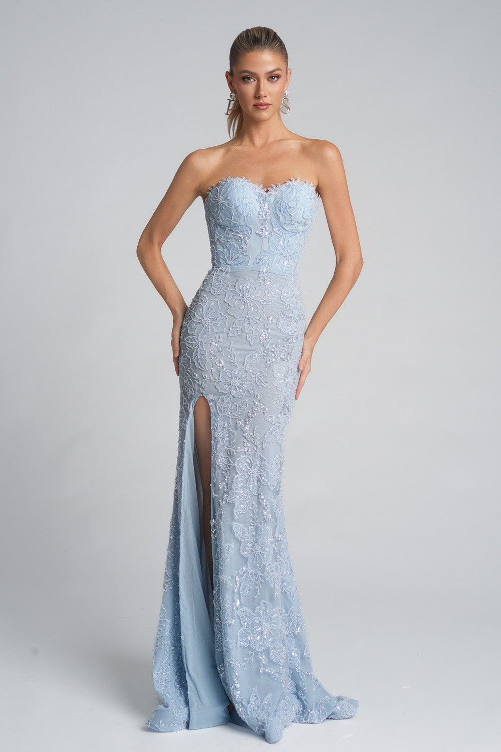 Portia and Scarlett PS26175 Strapless blue prom dress with mermaid silhouette and side slit detail.