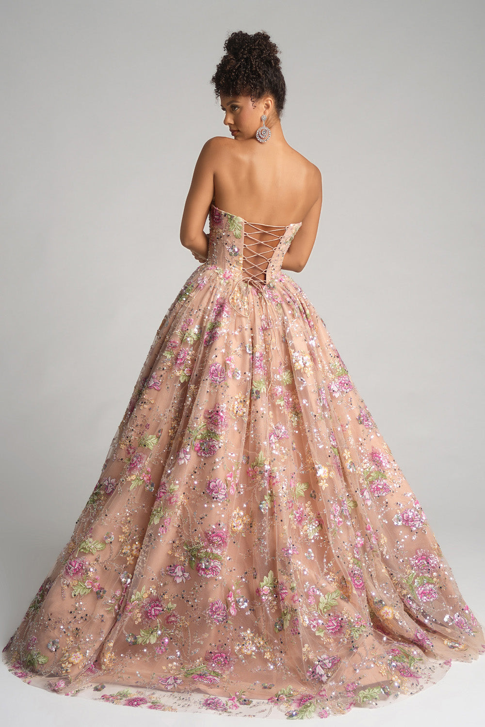 Portia and Scarlett PS26215 Rose ballgown prom dress with a lace-up back and floral embellishments.