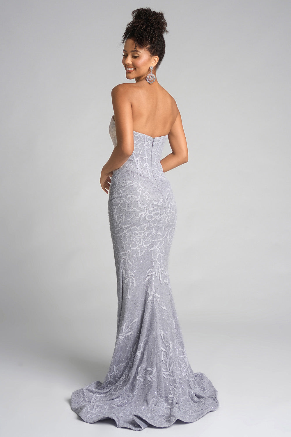 Portia and Scarlett PS26223 Silver mermaid prom dress with intricate beading, featuring a back view.
