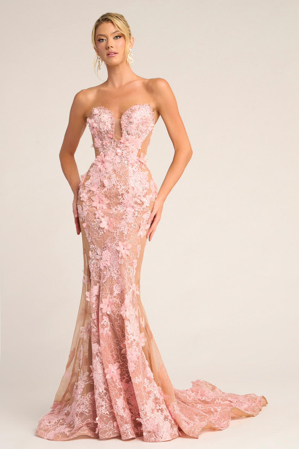 Portia and Scarlett PS26248 Nude pink mermaid prom dress with floral lace and a plunging neckline.