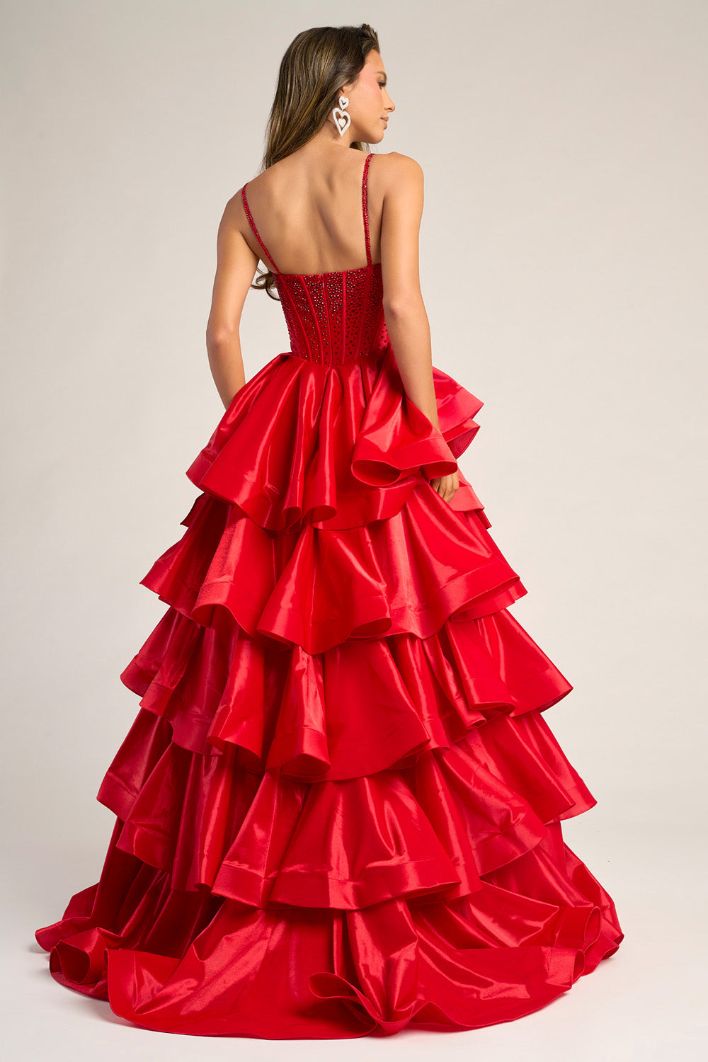 Portia and Scarlett PS26253 Red ballgown with layered ruffles and a corset back, perfect for prom prom dress.