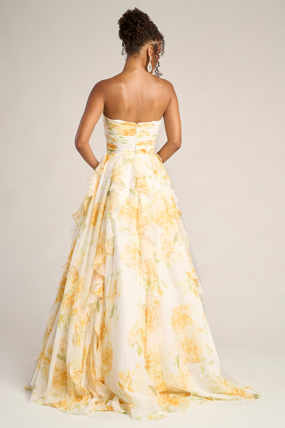 Portia and Scarlett PS26254 Strapless white and lemon floral ballgown with layered ruffles, back view prom dress.
