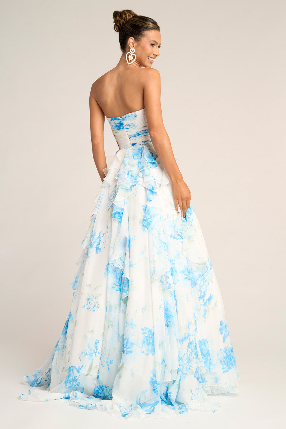 Portia and Scarlett PS26254 White and soft blue floral prom dress with layered ruffles and a corset back.