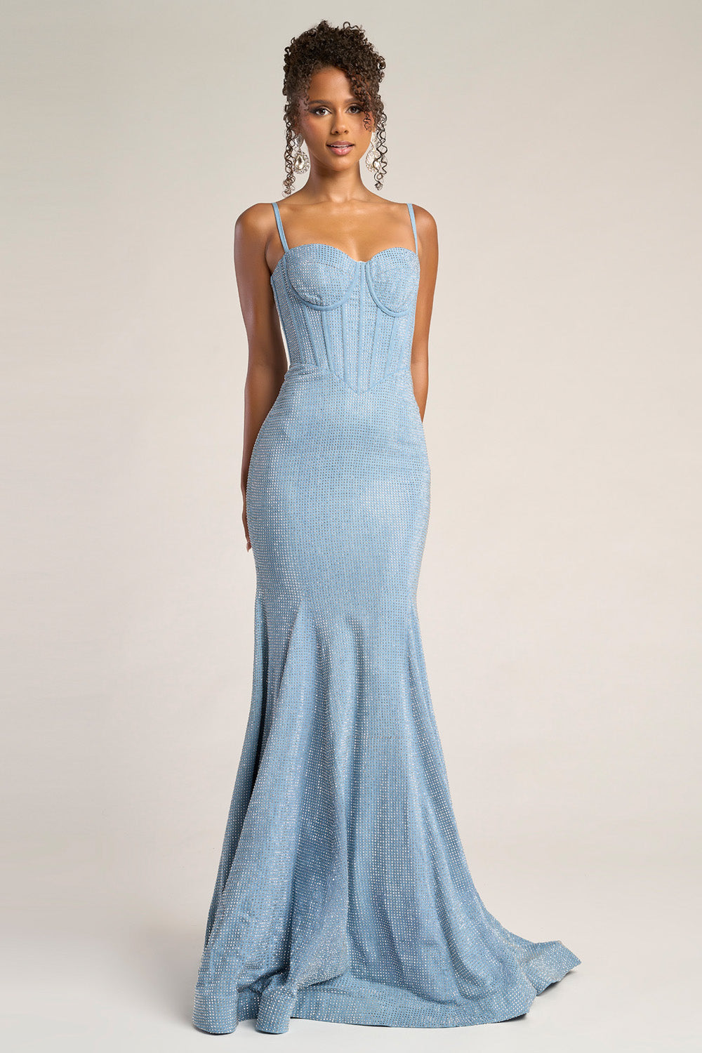 Portia and Scarlett PS26258 Denim silver mermaid prom dress with corset detailing and sparkling embellishments.
