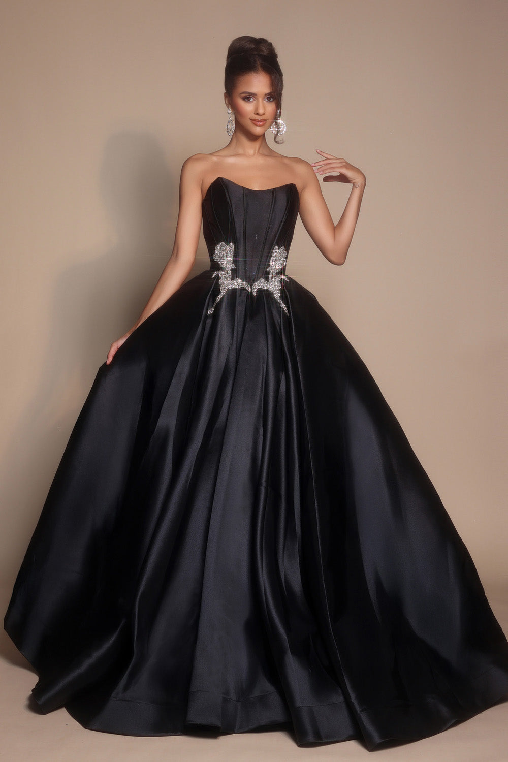 Portia and Scarlett PS26315e Black ballgown prom dress with a stunning beaded waist detail, front view.