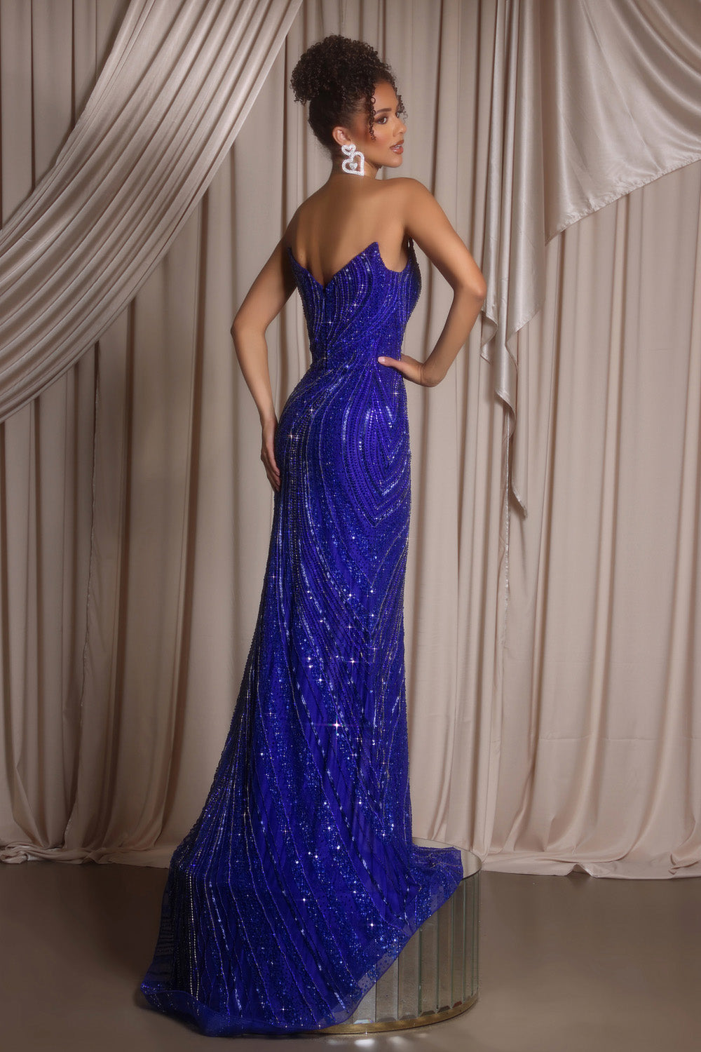 Portia and Scarlett PS26412c Cobalt mermaid prom dress with stunning sequins and a fitted silhouette, back view.