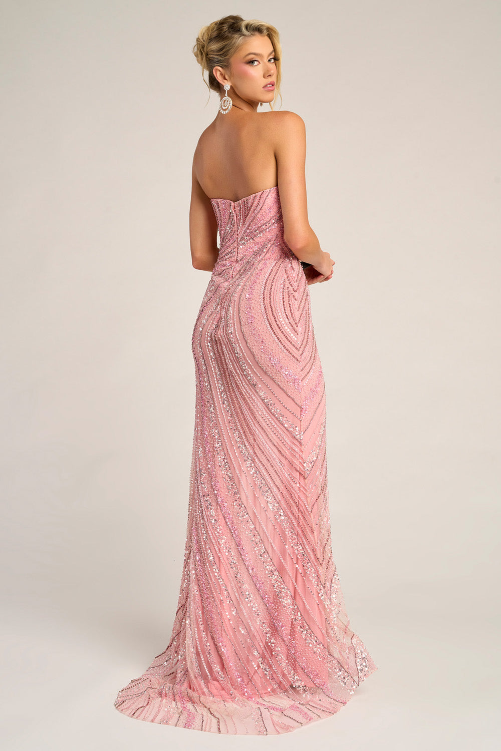 Portia and Scarlett PS26412c Pink mermaid prom dress with sequins and a stunning lace-up back, back view.