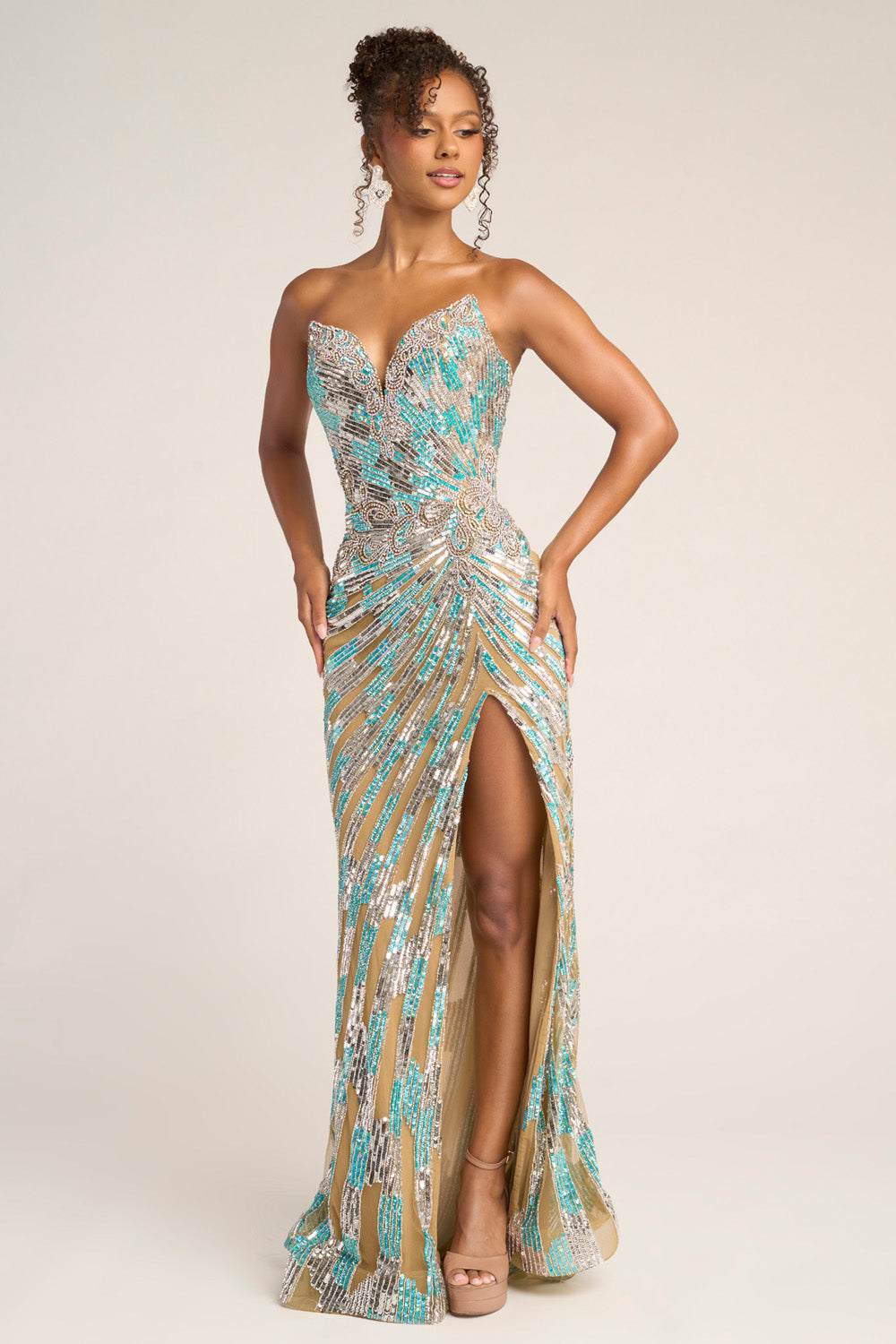Portia and Scarlett PS26413c Nude blue silver mermaid prom dress with a thigh-high slit and intricate beading.