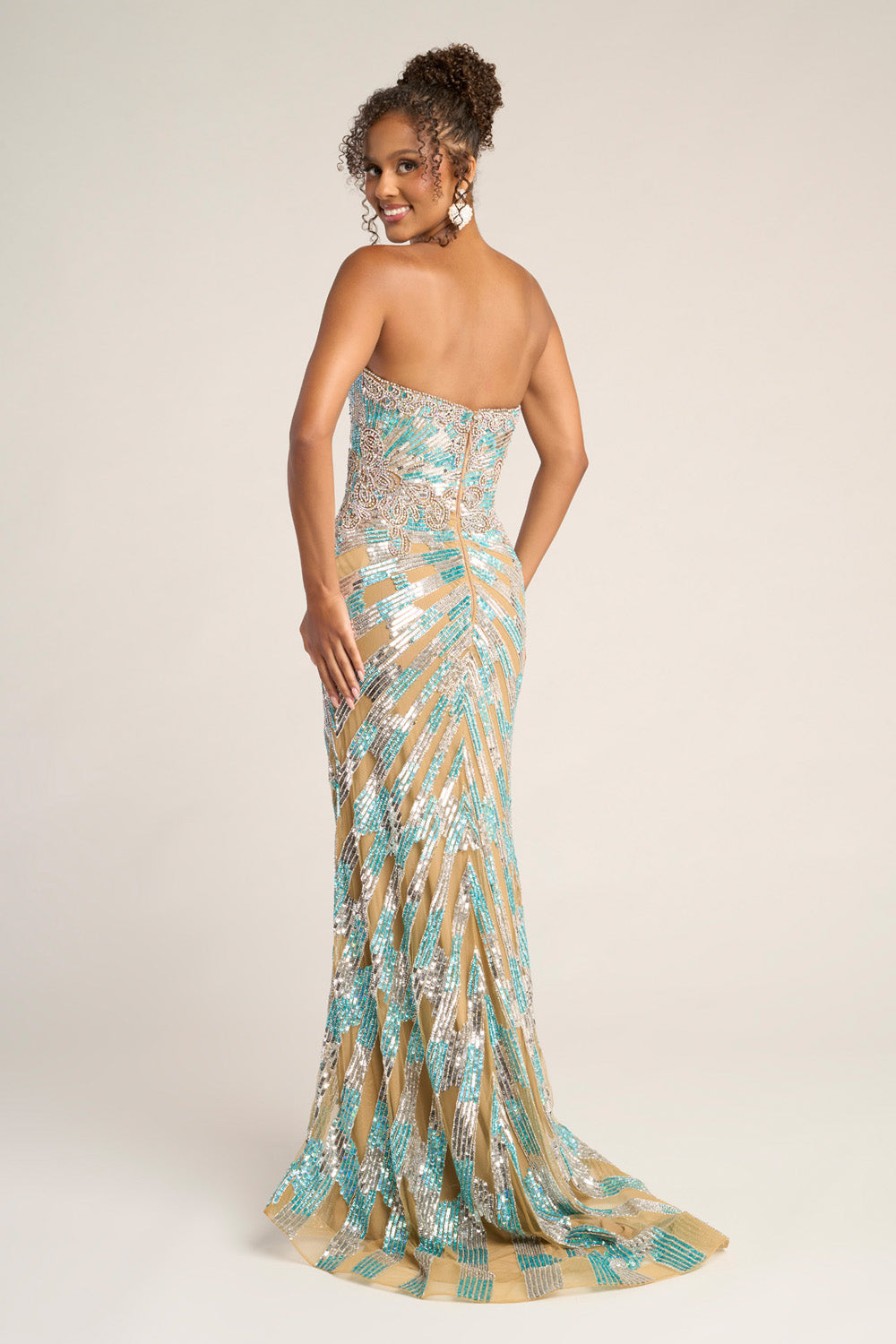 Portia and Scarlett PS26413c Nude blue silver mermaid prom dress with intricate beading, back view.