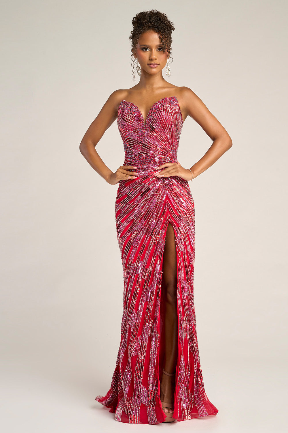 Portia and Scarlett PS26413c Red fuchsia mermaid prom dress with a thigh-high slit and intricate beading.
