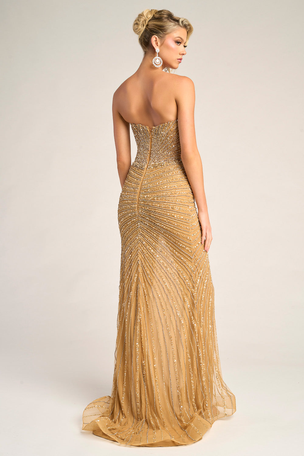 Portia and Scarlett PS26416c Gold mermaid prom dress with intricate beading, featuring a back view.