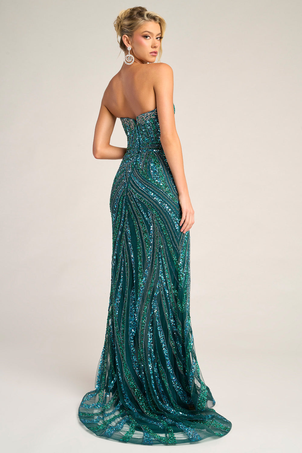 Portia and Scarlett PS26418c Peacock mermaid prom dress with sequins and a stunning back view.