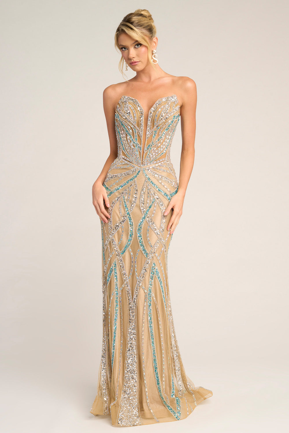 Portia and Scarlett PS26423c Strapless nude blue silver prom dress with intricate beading and fitted silhouette.