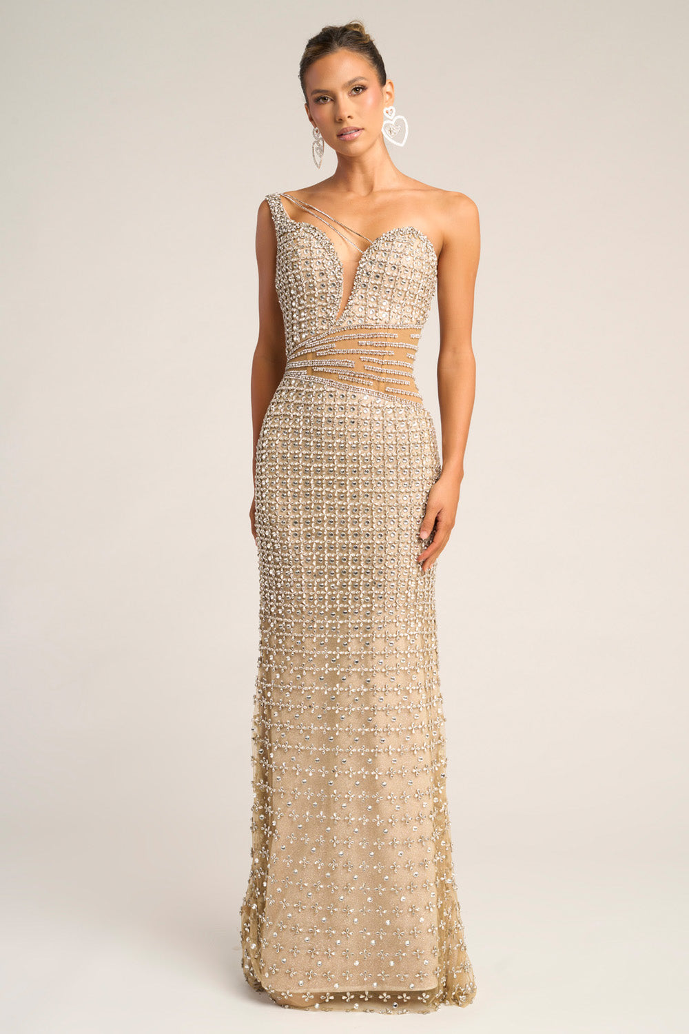 Portia and Scarlett PS26434c Nude silver mermaid prom dress with stunning beading and a plunging neckline.