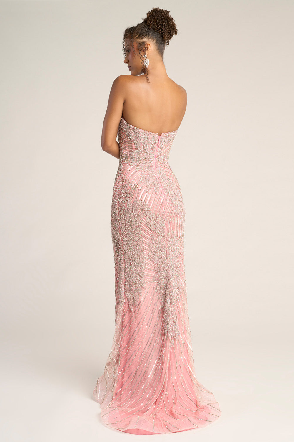 Portia and Scarlett PS26435c Pink silver mermaid prom dress with intricate beading, back view.