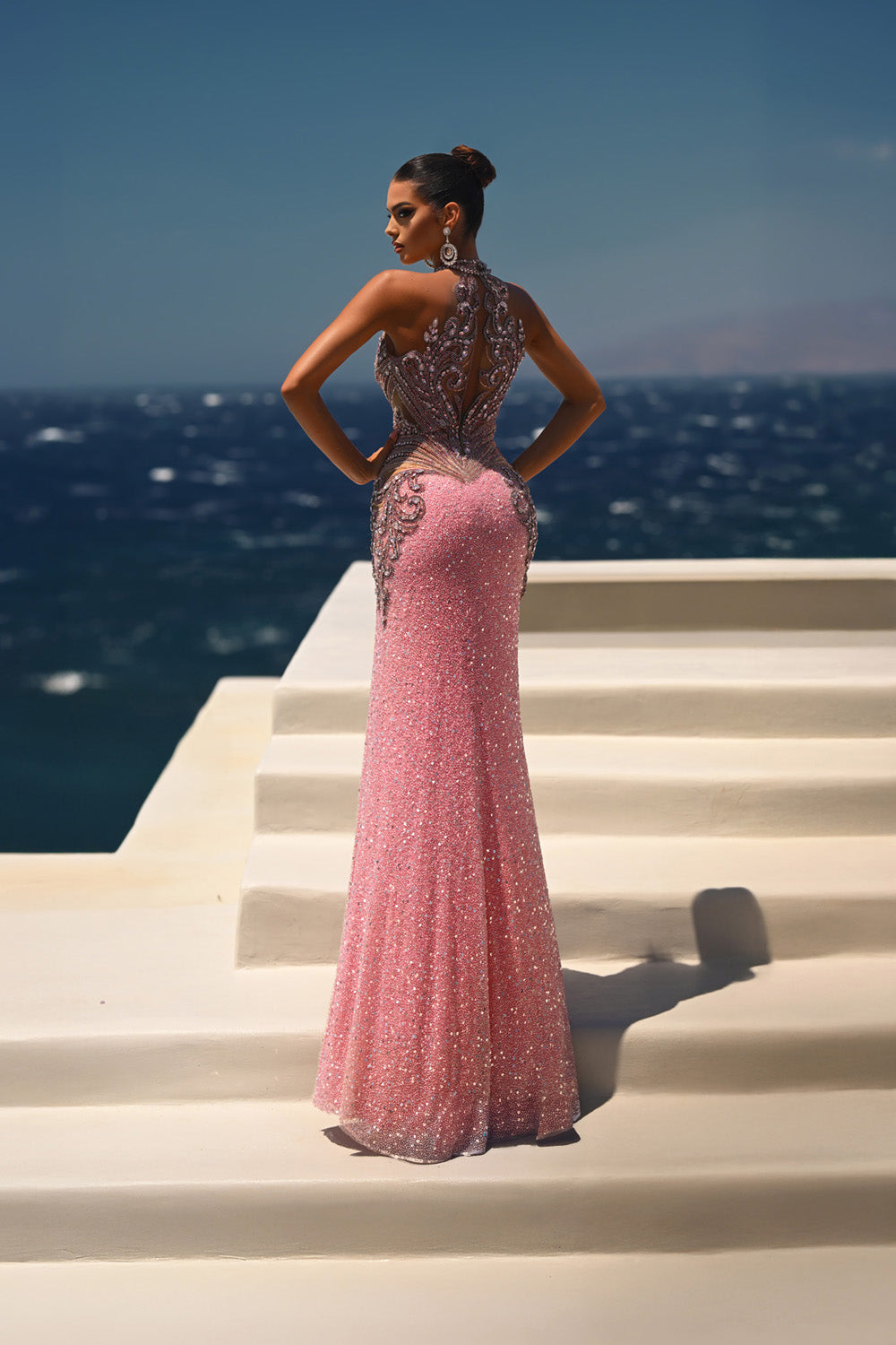Portia and Scarlett PS26436c Pink silver mermaid prom dress with intricate beading and a stunning back design.