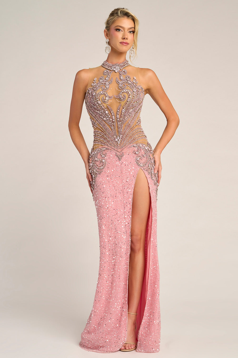 Portia and Scarlett PS26436c Pink silver mermaid prom dress with intricate beading and a thigh-high slit.