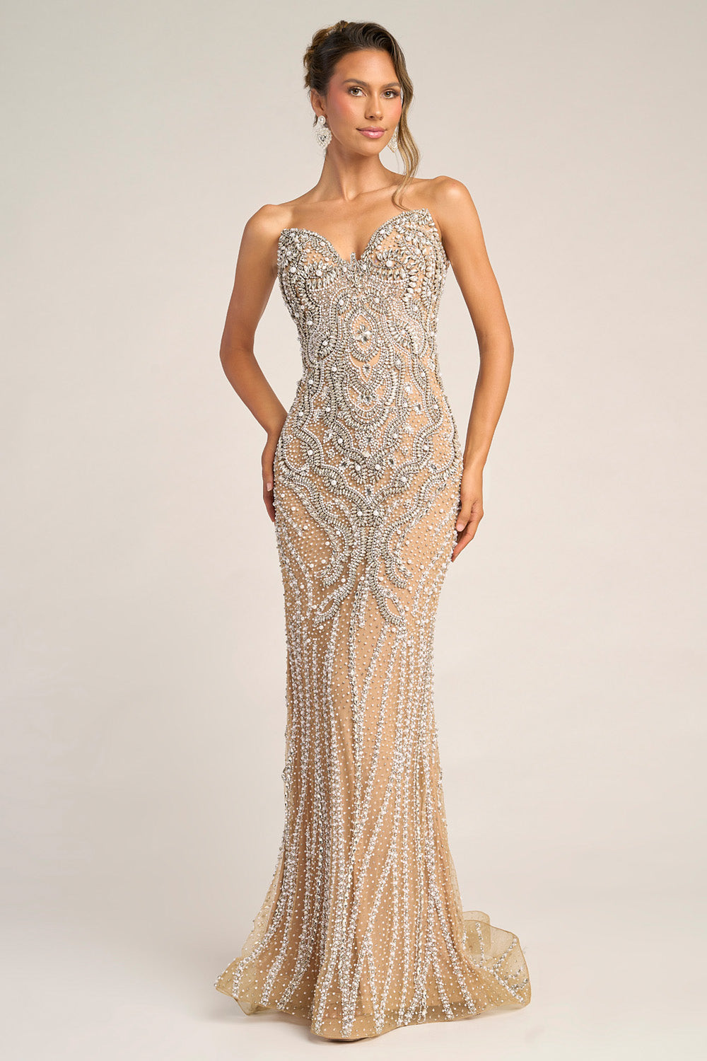Portia and Scarlett PS26446c Nude silver mermaid prom dress with intricate beading and sweetheart neckline.