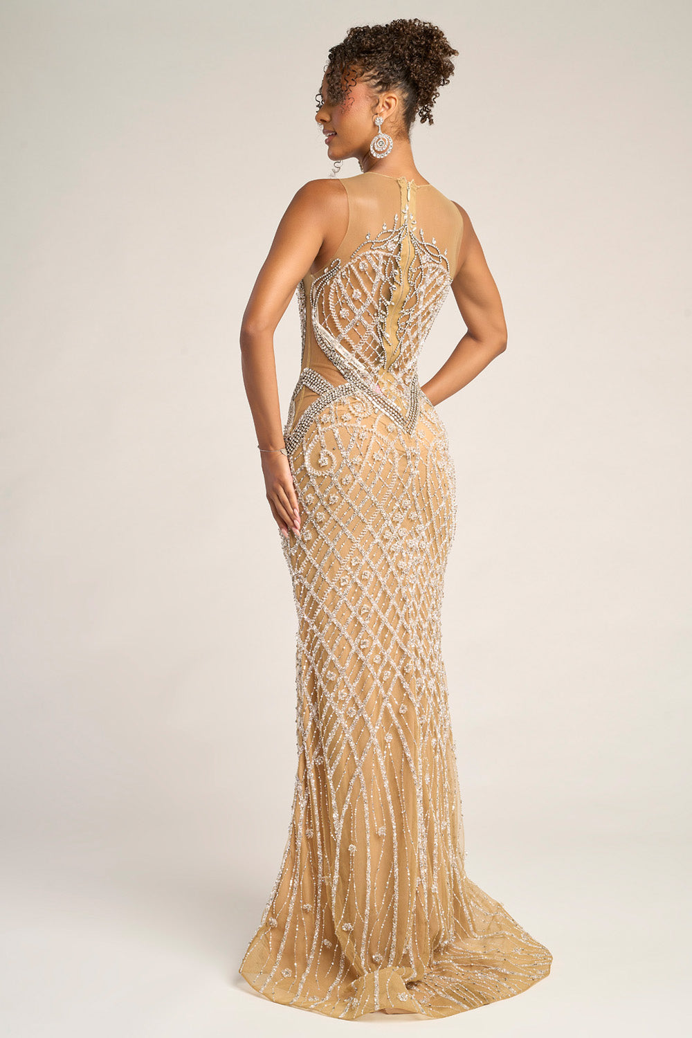 Portia and Scarlett PS26454c Nude silver mermaid prom dress with intricate beading and lace-up back, back view.