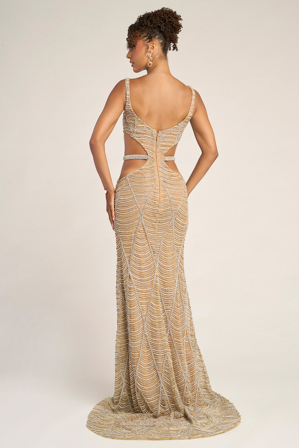 Portia and Scarlett PS26455c Nude silver mermaid prom dress with stunning beading and a back cutout design.